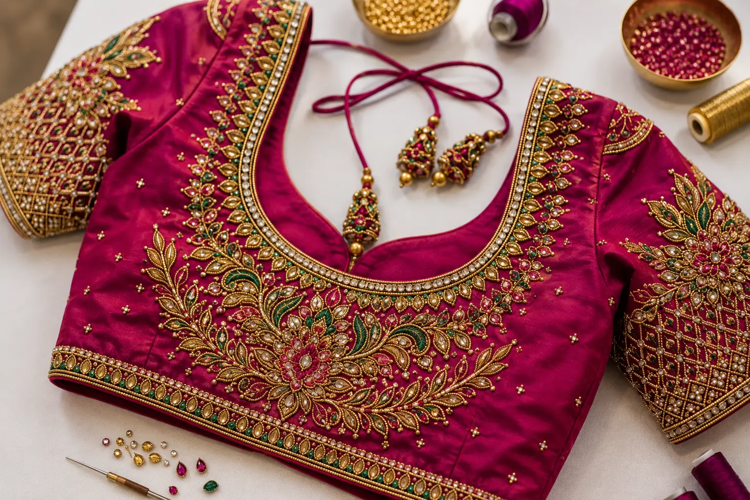 Aari embroidery applied to a blouse neckline and sleeve at Kreative Sketch