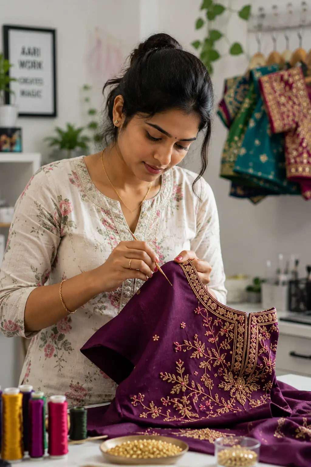 Student learning Aari embroidery at Kreative Sketch Fashion Studio & Institute, Coimbatore