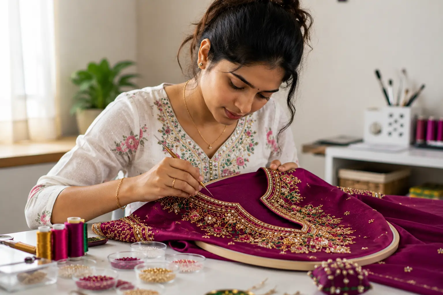 Student practising Aari needle work at Kreative Sketch studio