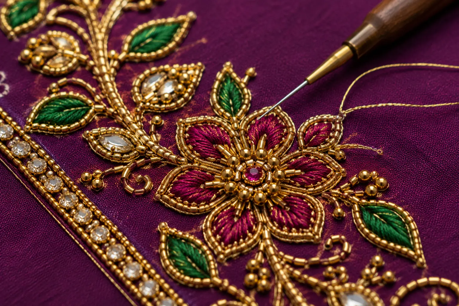 Close-up of Aari embroidery stitch detail