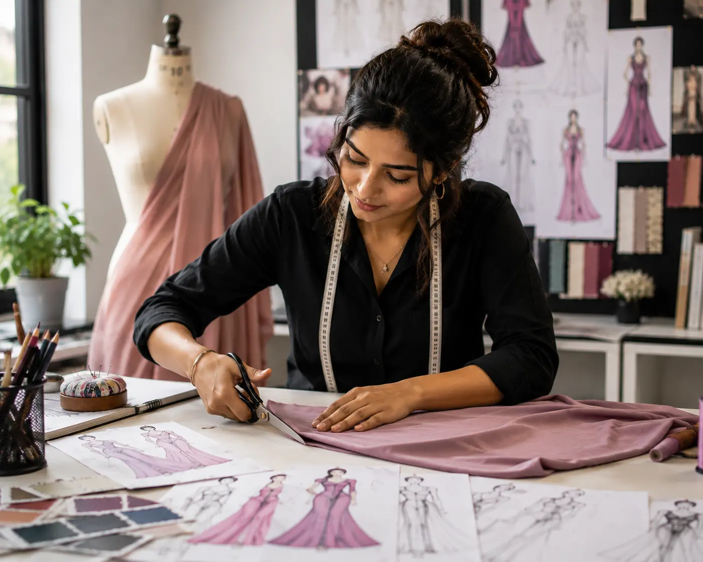 Students practicing tailoring at Kreative Sketch Fashion Studio & Institute