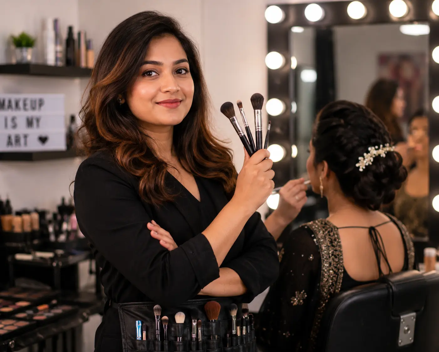 Students learning professional makeup techniques at Kreative Sketch, Coimbatore