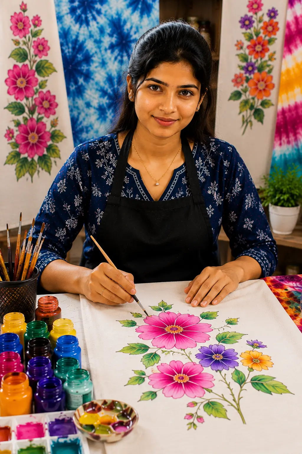Student practising fabric painting at Kreative Sketch Fashion Studio & Institute, Coimbatore