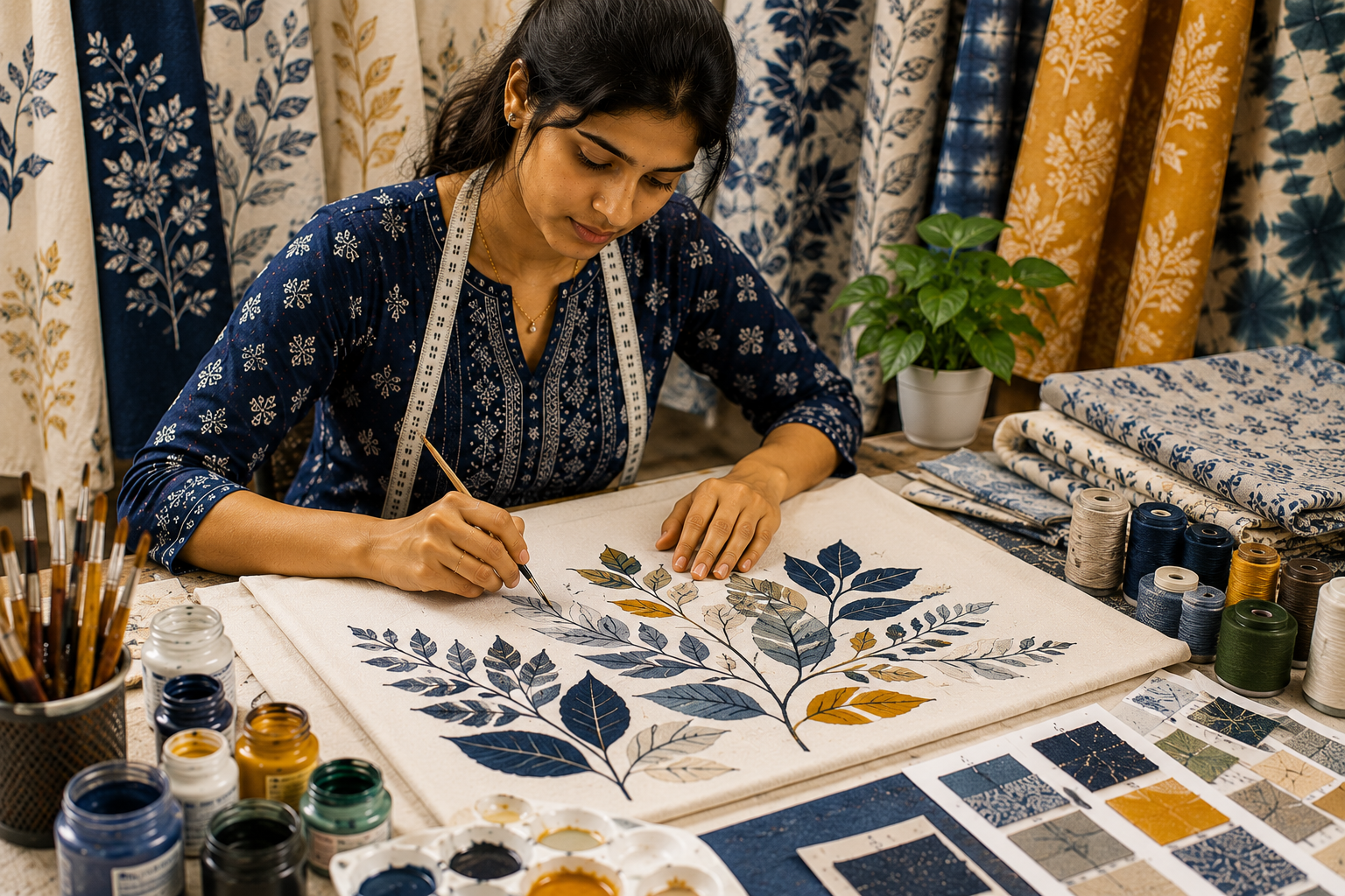 Student planning a fabric painting design at Kreative Sketch