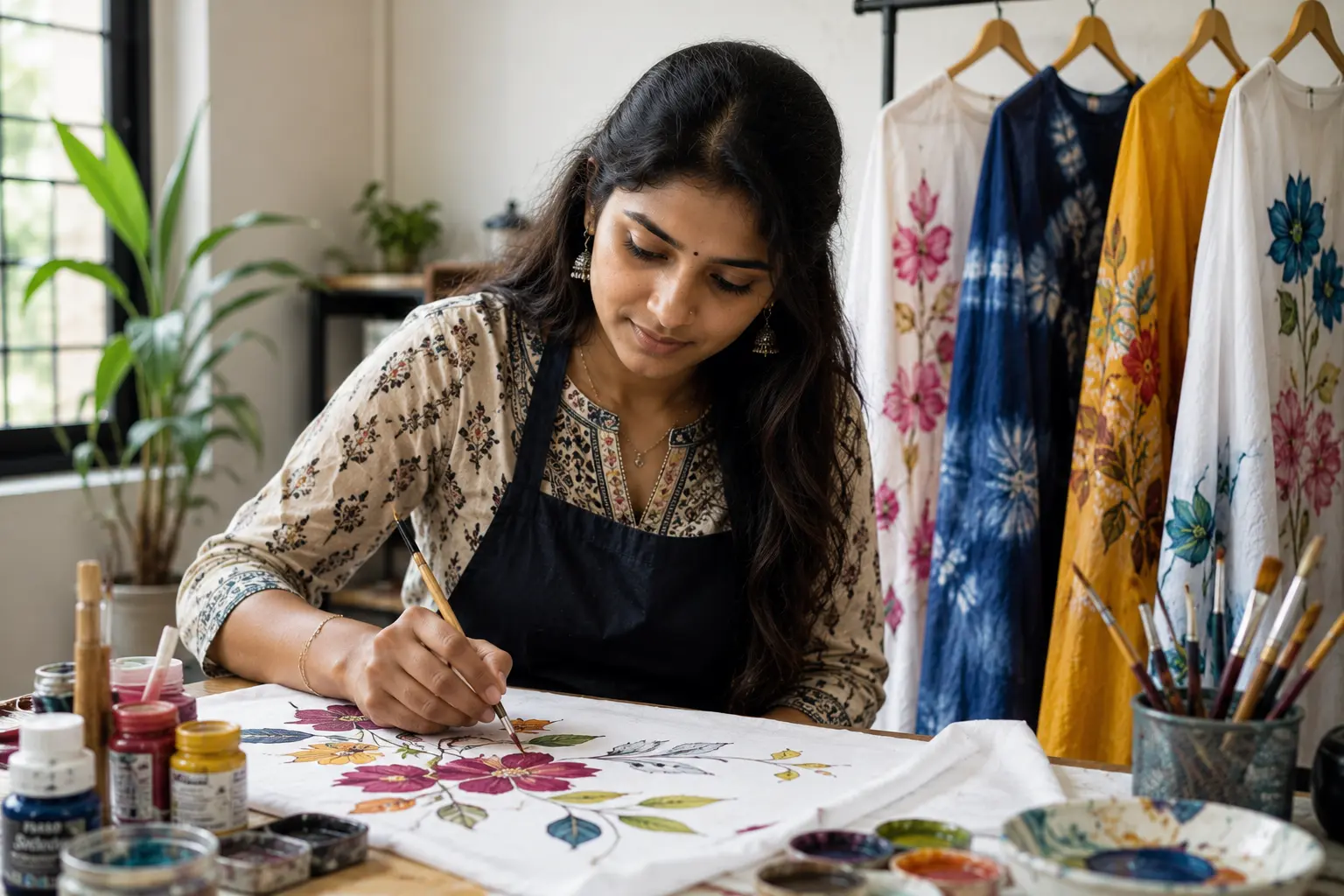 Student learning fabric painting techniques at Kreative Sketch studio