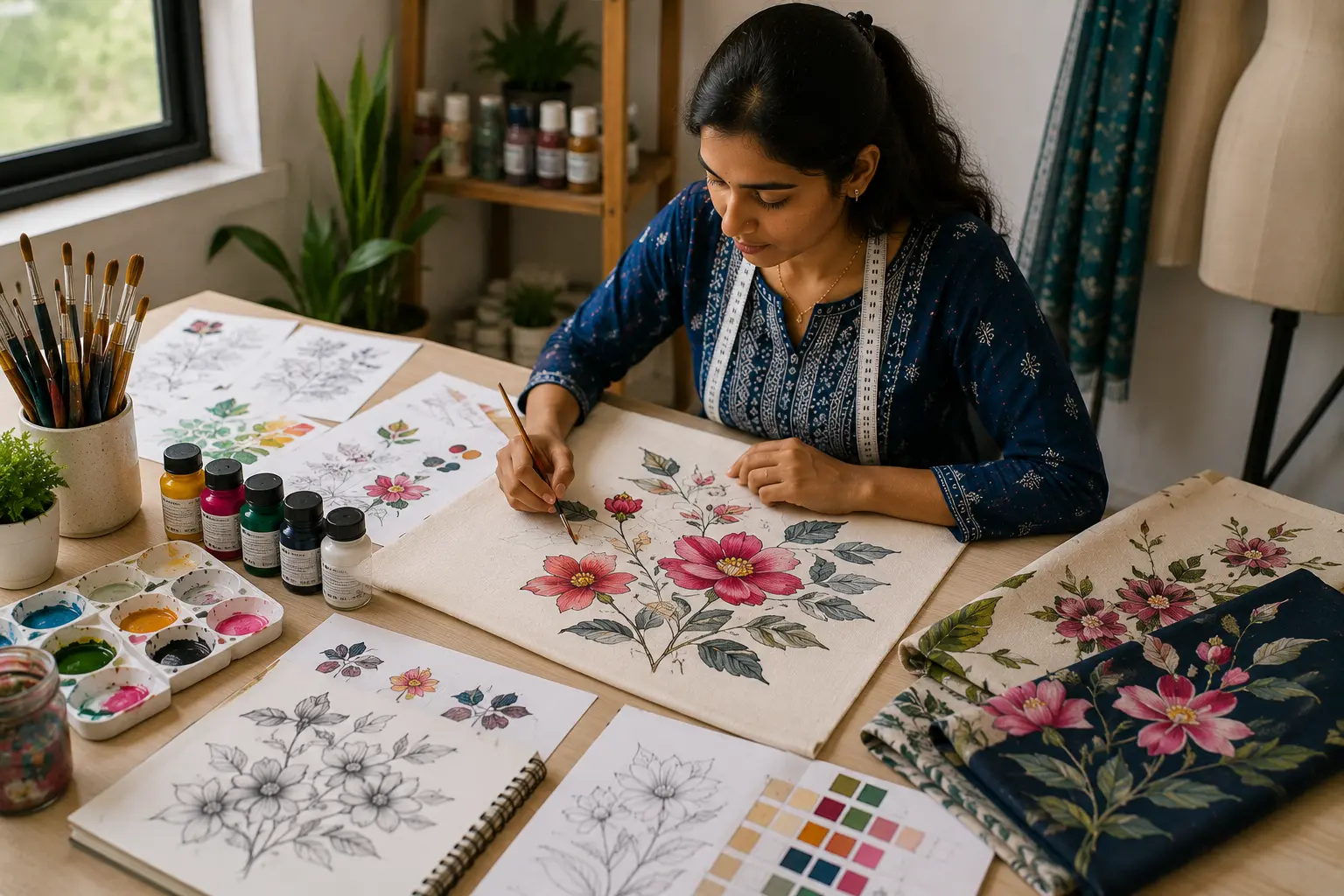 Hand-painted fabric products created at Kreative Sketch Fabric Painting course