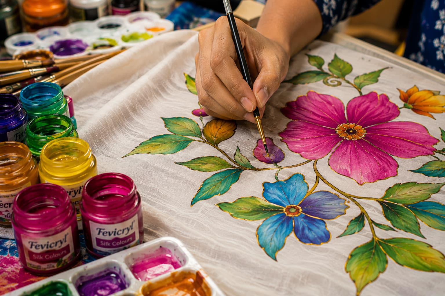 Close-up of fabric painting colour work