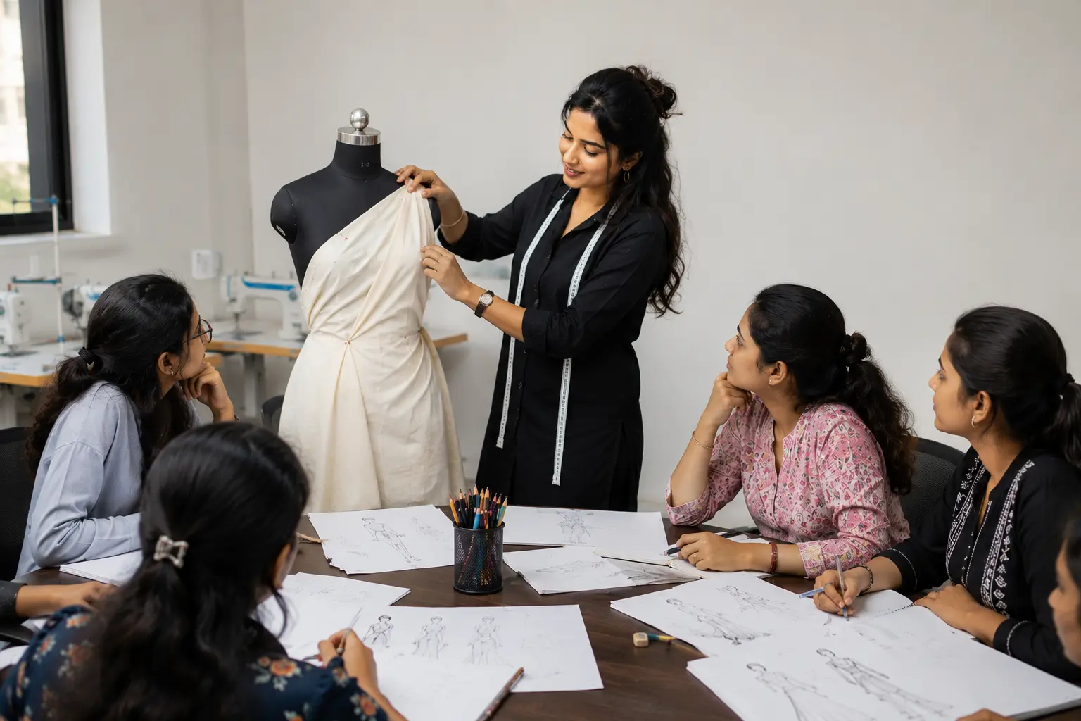 Beginner students learning tailoring at Kreative Sketch